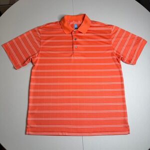 PGA Tour Mens Medium Orange White Striped Short Sleeve Golf Polo Shirt